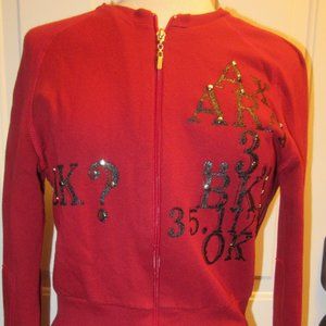 Vintage Deep Red Zip Fleece Jacket w. Black and Silver Graphics Axara Brand Sz M